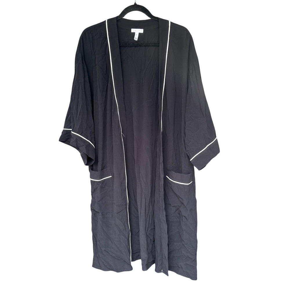 Leith Womens Black Rayon Open Front Robe Kimono Cardigan White Piping Size M